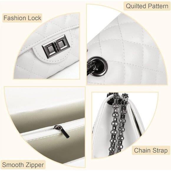 Women White PU Quilted Stylish Crossbody Bag with Chain Strap & Flap Closure - Picture 5 of 6